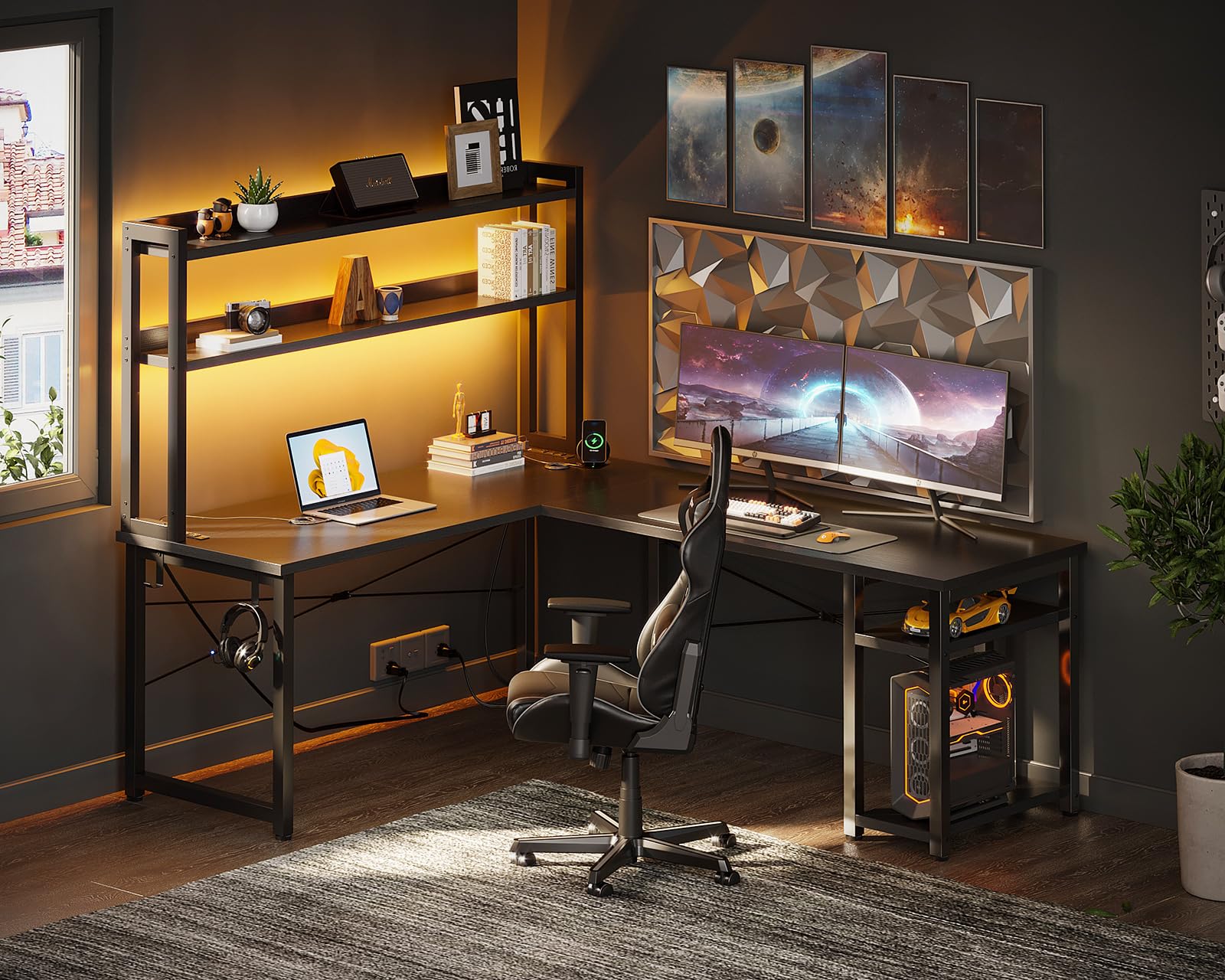 AODK L Shaped Gaming Desk with Hutch & 2 Power Outlets & 2 LED Strips & Monitor Stand, 66" Reversible Computer Desk with Storage Shelves, Corner Desk for Home Office, Black