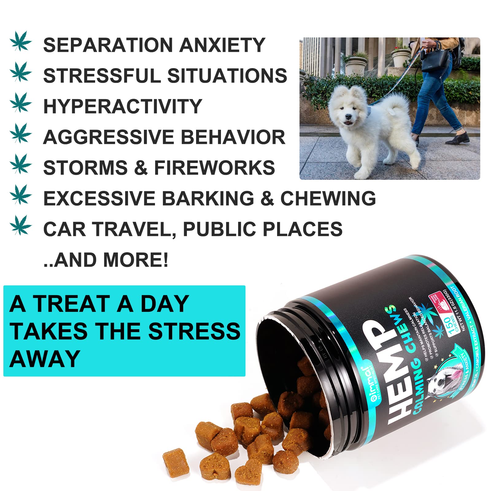 Calming Chews for Dogs 150 Cherws, Dog Calming Treats, Helps with Dog Anxiety, Separation, Barking, Stress Relief, Melatonin for Dogs, Sleep Calming Aid, All Breeds & Sizes (Pekingduck-150Chews)