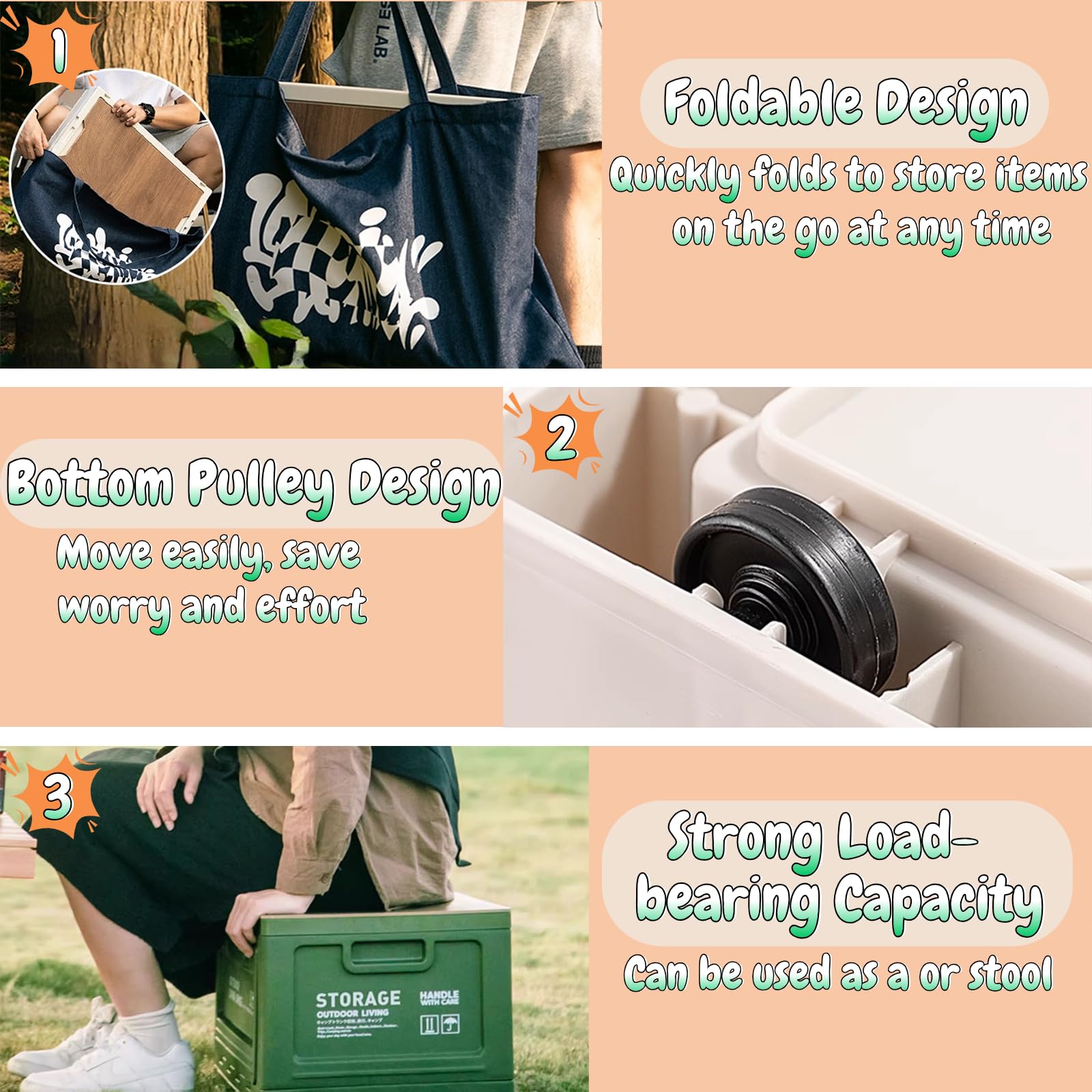 Camping Box, Folding Camping Storage Box with Wooden Lid, 5 Way Open Door Camping Box with Wheels, 50l Collapsible Storage Bin for Daily Snack Storage, Outdoor Camping Storage