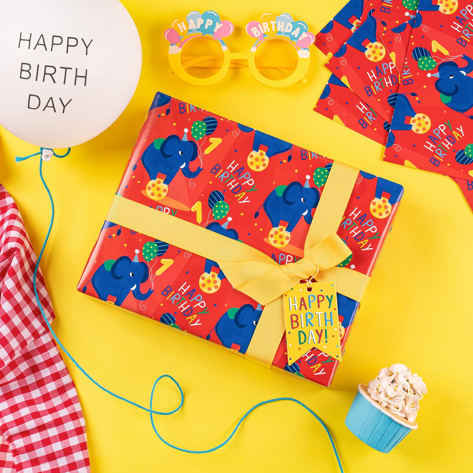 RUSPEPA Birthday Wrapping Paper Sheets with 1 Year Old Birthday Elephant Pattern Great for Birthday Gift Wrap, 6 Fold on Sheets Each Set, 27 inches x 19 inches, Age 1