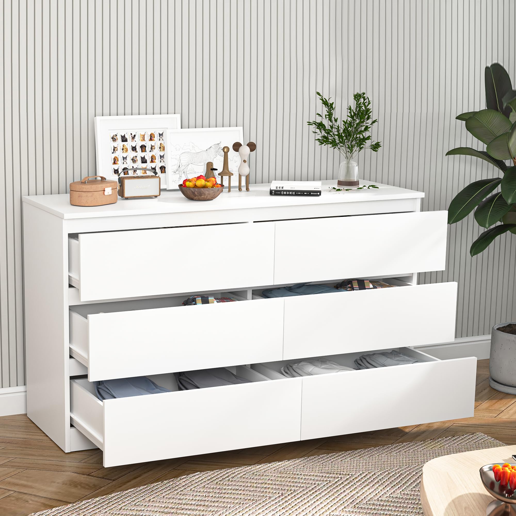 Spaco White Dresser for Bedroom,6 Drawer Dresser,Chest of Drawers & Dresser,Wood Dresser,Dresser Bedroom Furniture,Wide TV Stand Dresser for Nursery,Kid's Room