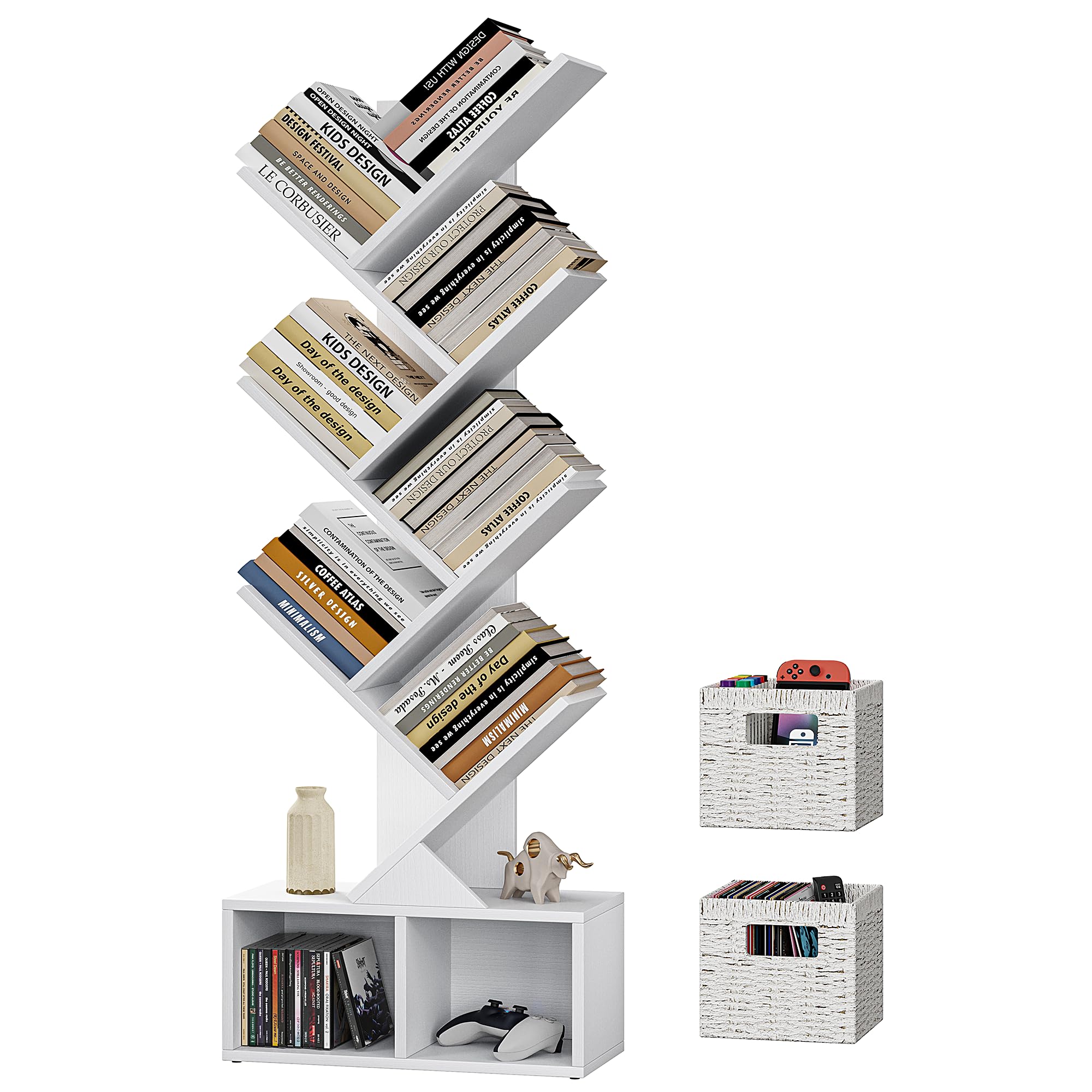 Vagusicc Tree Bookshelf, 6 Tier Bookshelf with Storage, Tall Narrow Bookcase, Wood Book Storage Rack for CDs/Books, Small Book Organizer Shelves for Bedroom, Living Room, Home Office, White