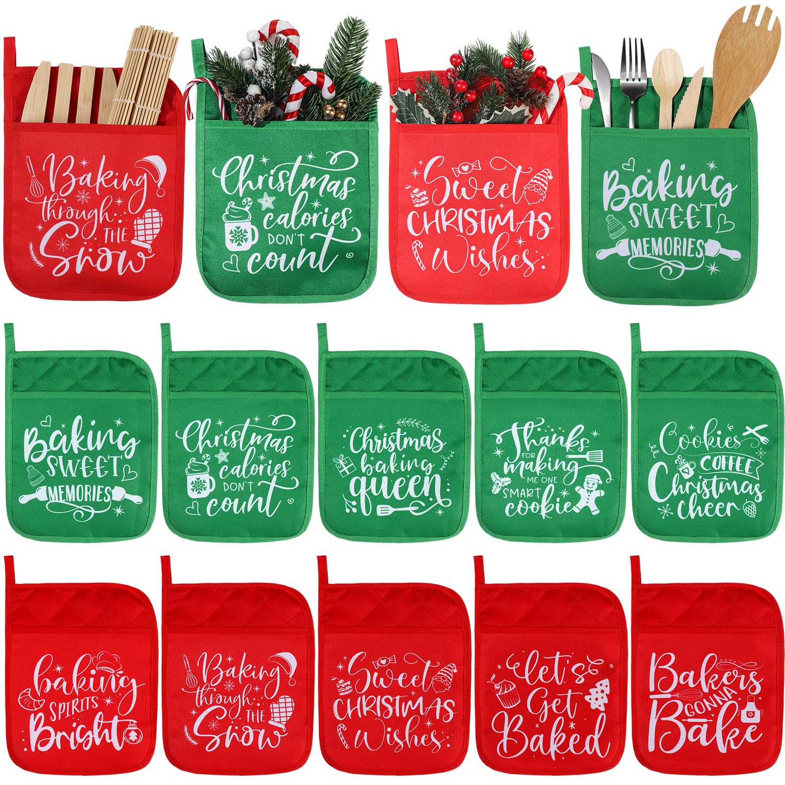 Yaomiao 10 Pcs Christmas Pot Holders with Pocket Fall Pot Holder Potholder Gift Hot Pads Heat Resistant Oven Mitts Cookie Bag for Kitchen Baking Cooking (Red, Green,Simple)