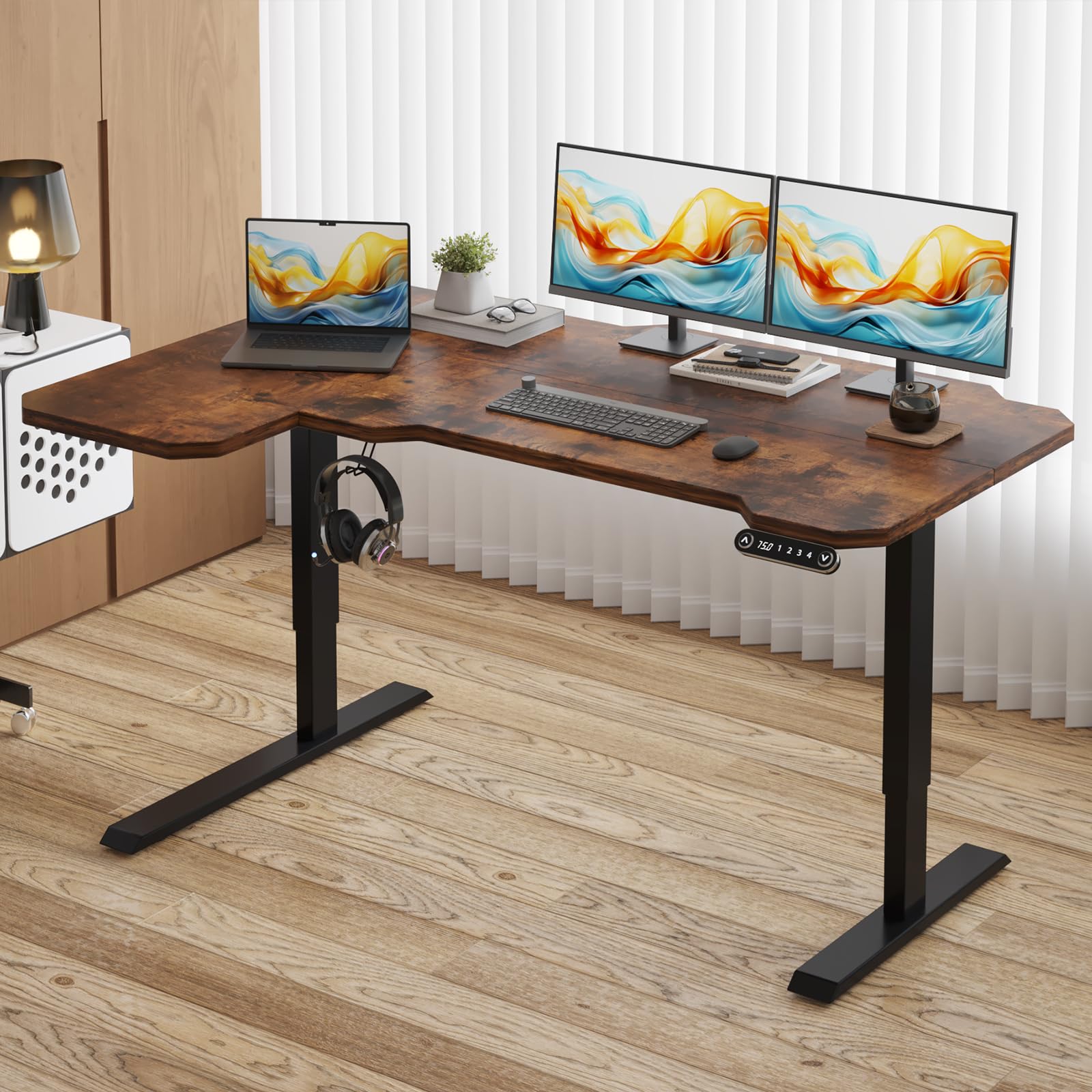 Sileye Electric L Shape 59 Inches Standing Desk, Height Adjustable Sit Stand Up Computer Table, Large Modern Smart Ergonomic Home Office Workstation with Splice Board Rustic Brown Top + Black Frame