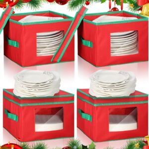 silkfly 4 pcs christmas dinnerware storage box china storage containers for dishes stackable plate storage with 48 felt dividers (red,10 x 10 x 8 inch)