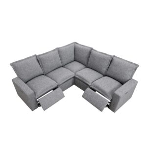 L-Shaped Sectional Sofa 5-Seat Convertible Sofa with Power Recliner Chair and USB Port Linen Fabric Upholstered Couch Modern Large Cloud Couch for Living Room (Grey)