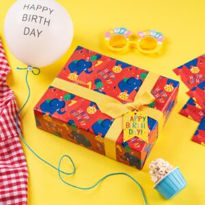 RUSPEPA Birthday Wrapping Paper Sheets with 1 Year Old Birthday Elephant Pattern Great for Birthday Gift Wrap, 6 Fold on Sheets Each Set, 27 inches x 19 inches, Age 1