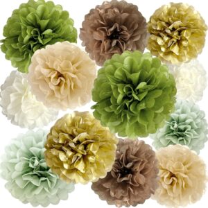 ansomo sage green brown gold tissue paper pom poms party decorations olive tan ivory flowers wall hanging décor jungle safari woodland wild table centerpieces supplies birthday bridal baby shower