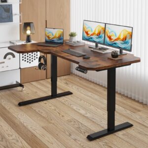 Sileye Electric L Shape 59 Inches Standing Desk, Height Adjustable Sit Stand Up Computer Table, Large Modern Smart Ergonomic Home Office Workstation with Splice Board Rustic Brown Top + Black Frame