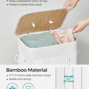 SONGMICS Foldable Laundry Hamper with Lid, 19 Gal. Bamboo Laundry Basket, Rectangular Storage Hamper with 3 Handles, 15.7 x 11.8 x 23.6 Inches, for Laundry Room, Bedroom, White ULCB010W01