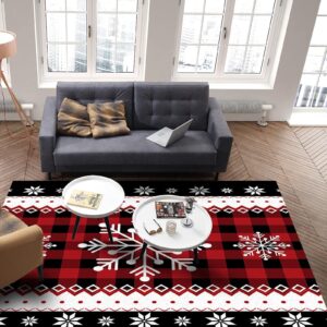 Christmas Theme with White Snowflakes Art Home Decor Rug, Red and Black Plaid Machine Washable Area Rugs, with Anti-Slip Backing Indoor Carpet for Living Room Bedroom Study Dining Room-3' x 4'