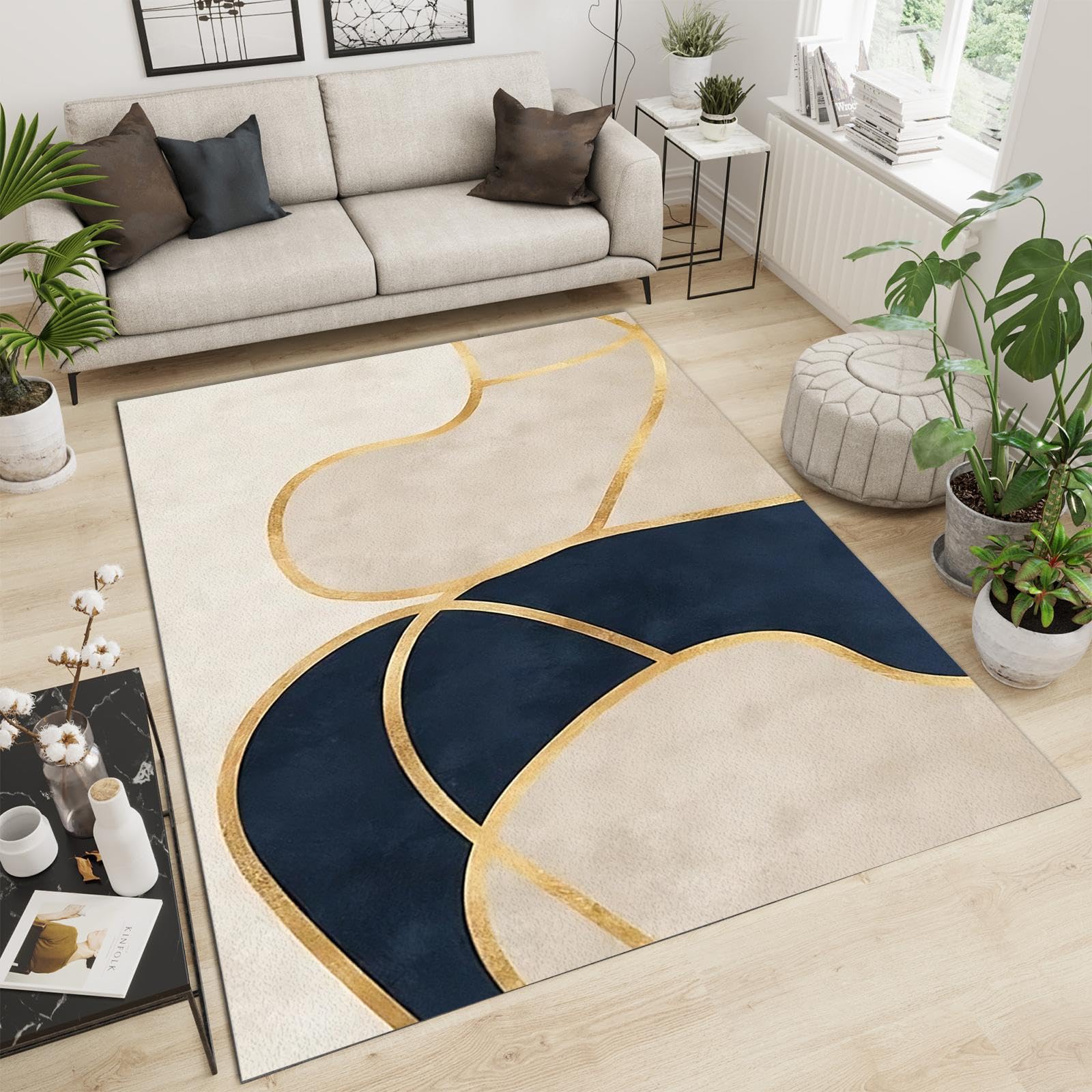 Light Luxury Advanced Art Living Room Area Rugs, Modern Navy Blue Cream Geometric Gold Lines Non-Slip Rug, Non-Slip Sofa Low Pile Washable Indoor Large Carpet for Bedroom Entryway Hallway-5x8ft