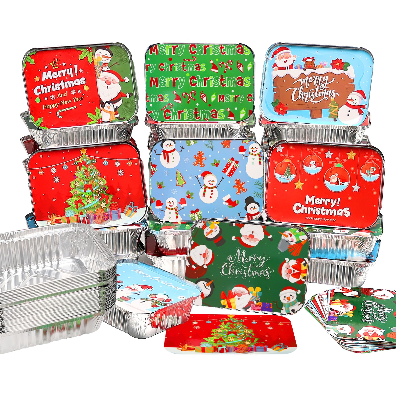 40Pcs Christmas Aluminum Pans With Lids,Disposable Food Containers Cookie Tins for Gift Giving in 8 Holiday Designs, Takeout Foil Pans with Covers for Holiday Leftovers Cookie Exchange Baking 5x7x2in