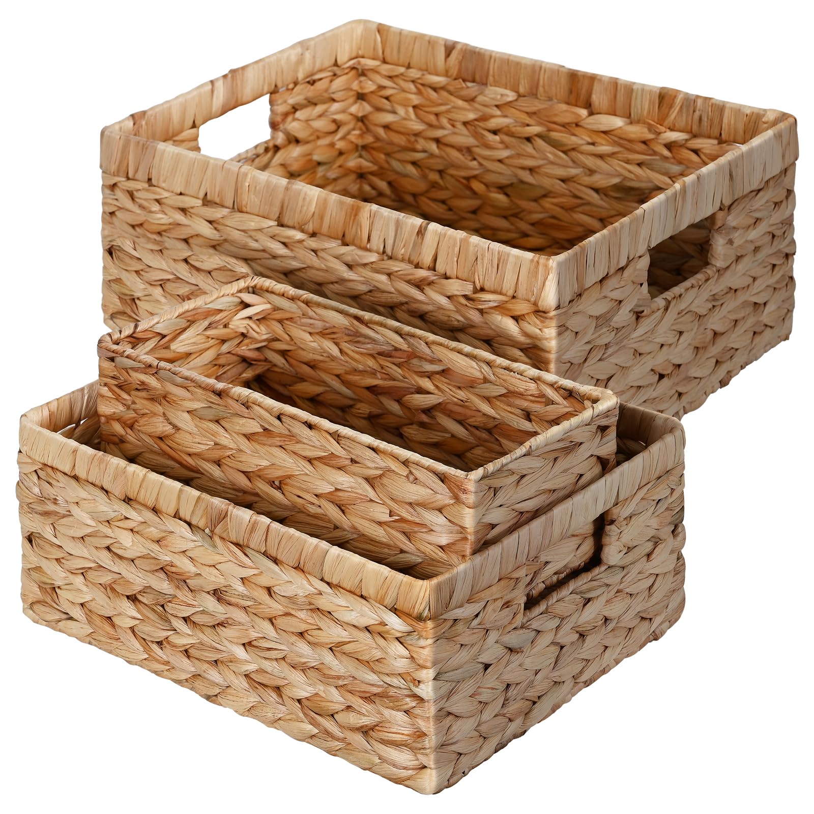 Ollieroo Natural Water Hyacinth Storage Baskets, Handwoven Wicker Storage Bins with Built-in Handles, Storage Container Baskets for Shelves, Bedroom, Bathroom, Laundry Room or Kitchen(Set of 3)