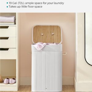 SONGMICS Foldable Laundry Hamper with Lid, 19 Gal. Bamboo Laundry Basket, Rectangular Storage Hamper with 3 Handles, 15.7 x 11.8 x 23.6 Inches, for Laundry Room, Bedroom, White ULCB010W01