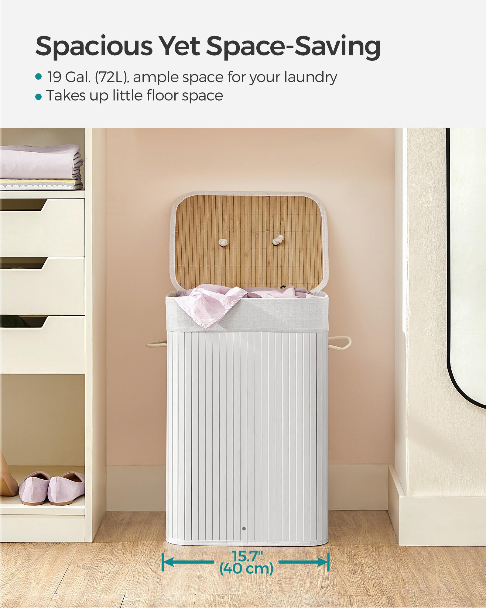 SONGMICS Foldable Laundry Hamper with Lid, 19 Gal. Bamboo Laundry Basket, Rectangular Storage Hamper with 3 Handles, 15.7 x 11.8 x 23.6 Inches, for Laundry Room, Bedroom, White ULCB010W01