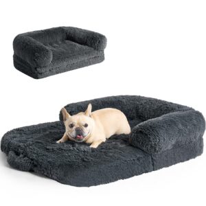 eheyciga foldable xl dog bed, faux fur fluffy dog bed for extra large dogs, orthopedic calming memory foam xl dog couch bed, washable soft warm dog sofa bed with non-slip bottom, dark grey, 40"x30"x6"