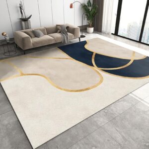 Light Luxury Advanced Art Living Room Area Rugs, Modern Navy Blue Cream Geometric Gold Lines Non-Slip Rug, Non-Slip Sofa Low Pile Washable Indoor Large Carpet for Bedroom Entryway Hallway-5x8ft