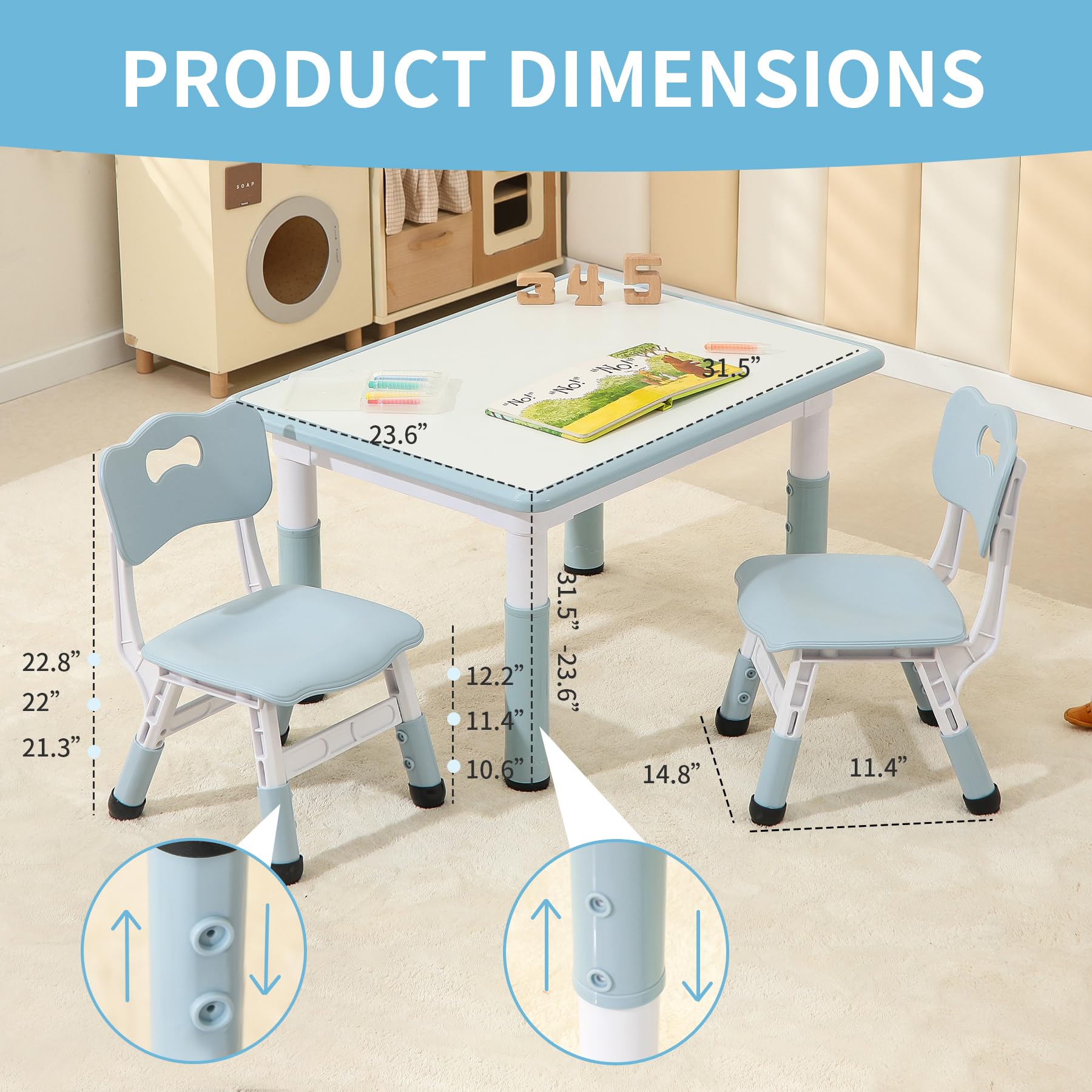 Hulaibit Toddler Table and 2 Chairs, Height-Adjustable Kids Table and Chairs Set, 31.5''L x 23.6''W Children Activity Table for Boys and Girls Aged 3-8