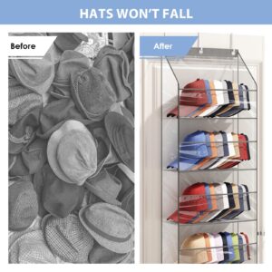 Fixwal Clear Over The Door Hat Racks Hanging Storage with 5 Large Pockets Holds up to 50 Caps Hat Storage Organizer for Closet Wall, Deep Pockets Hanging Hat Holder with 3 Hooks, Grey