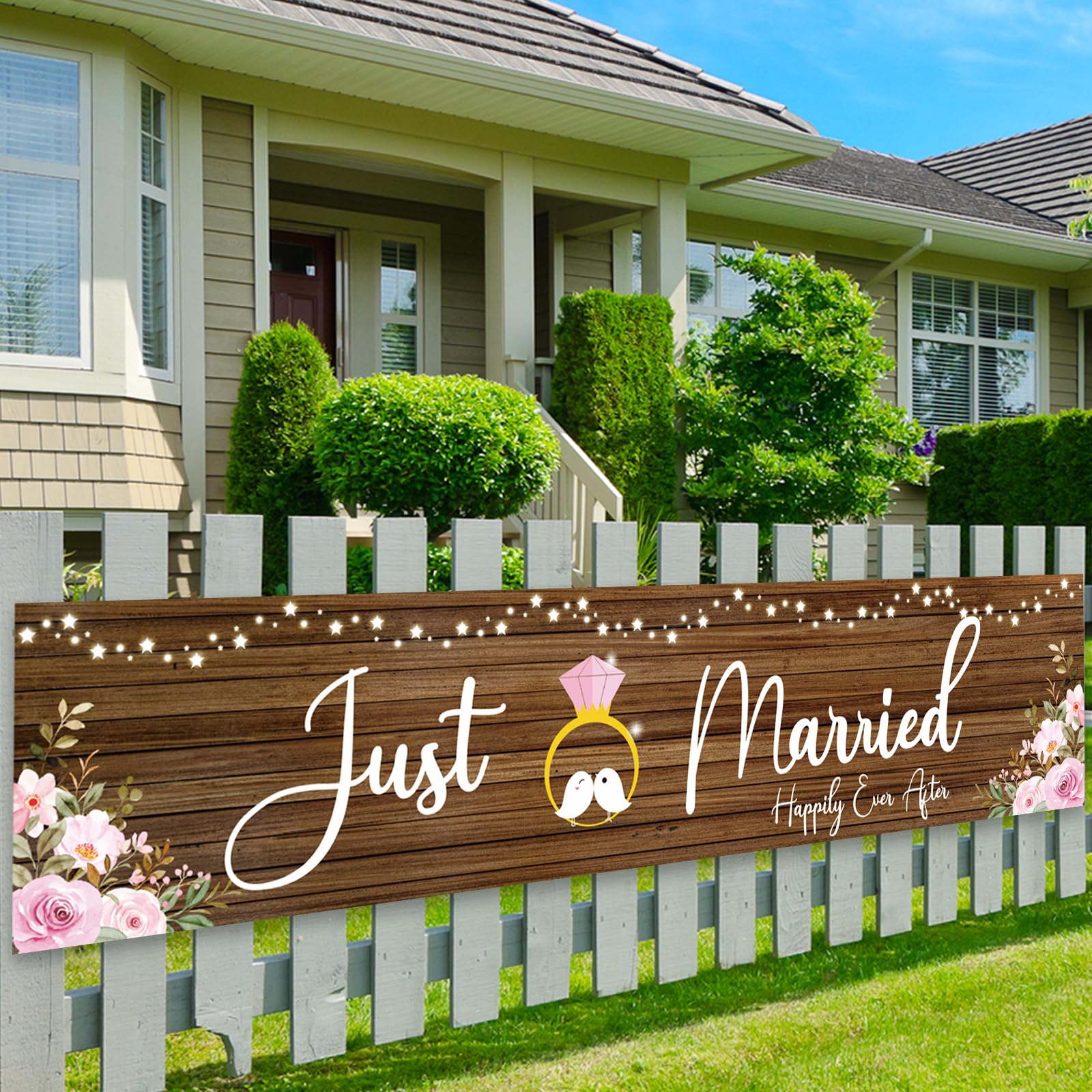 ShuanQ Just Married Yard Banner - Large Wedding/Engagement Party Decoration Banner - Bridal Shower Party Yard Decor - Happily ever After Sign Wedding Party Decor - 5.9 x 1.3 ft