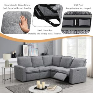 L-Shaped Sectional Sofa 5-Seat Convertible Sofa with Power Recliner Chair and USB Port Linen Fabric Upholstered Couch Modern Large Cloud Couch for Living Room (Grey)