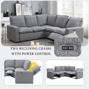 L-Shaped Sectional Sofa 5-Seat Convertible Sofa with Power Recliner Chair and USB Port Linen Fabric Upholstered Couch Modern Large Cloud Couch for Living Room (Grey)