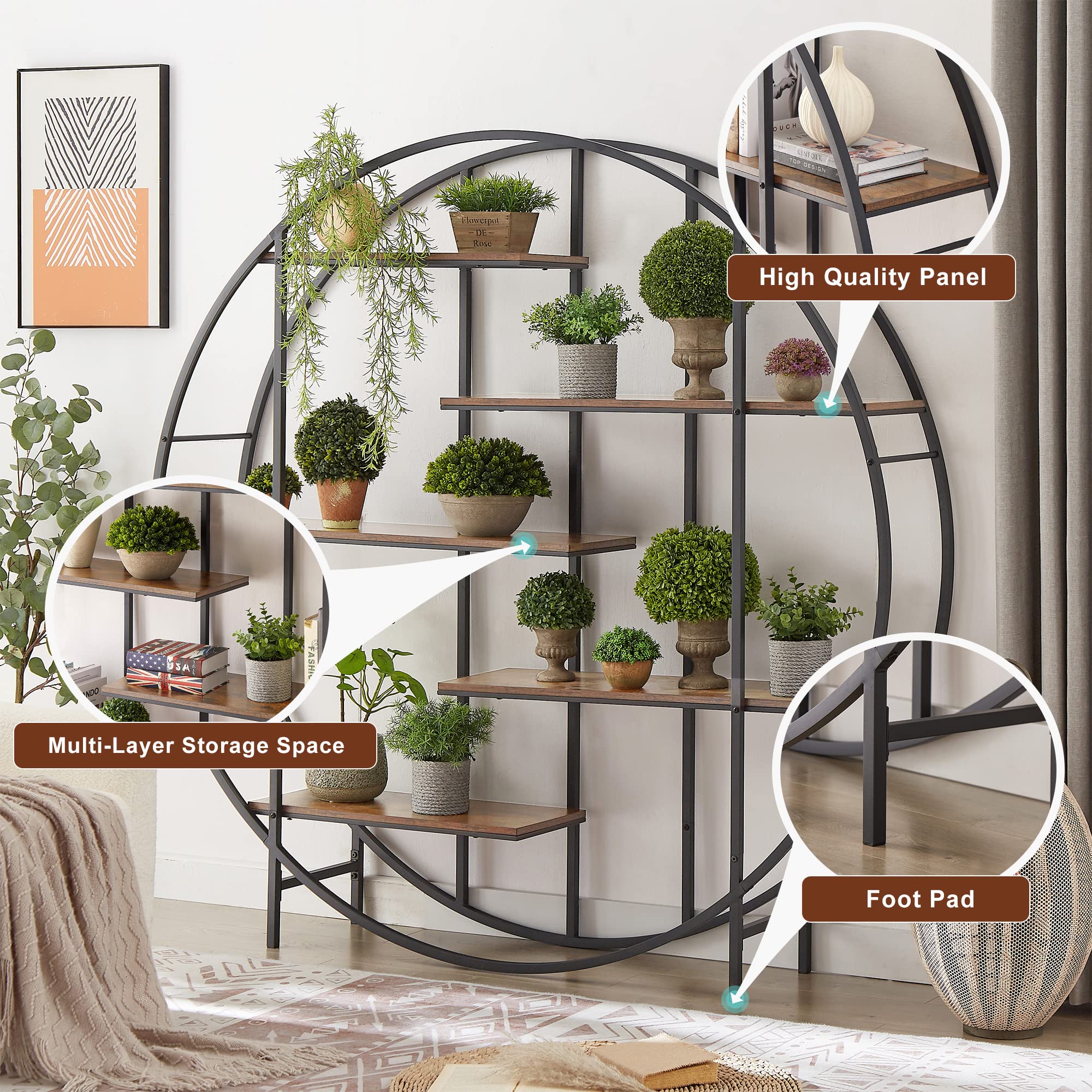 Ufurpie Bookshelf, 5 Tier Round Mid Century Modern Metal Plant Stand Bookshelves Storage Rack, Indoor Living Room Terrace Garden Balcony Plant Display Stand, Bookcase Organizer