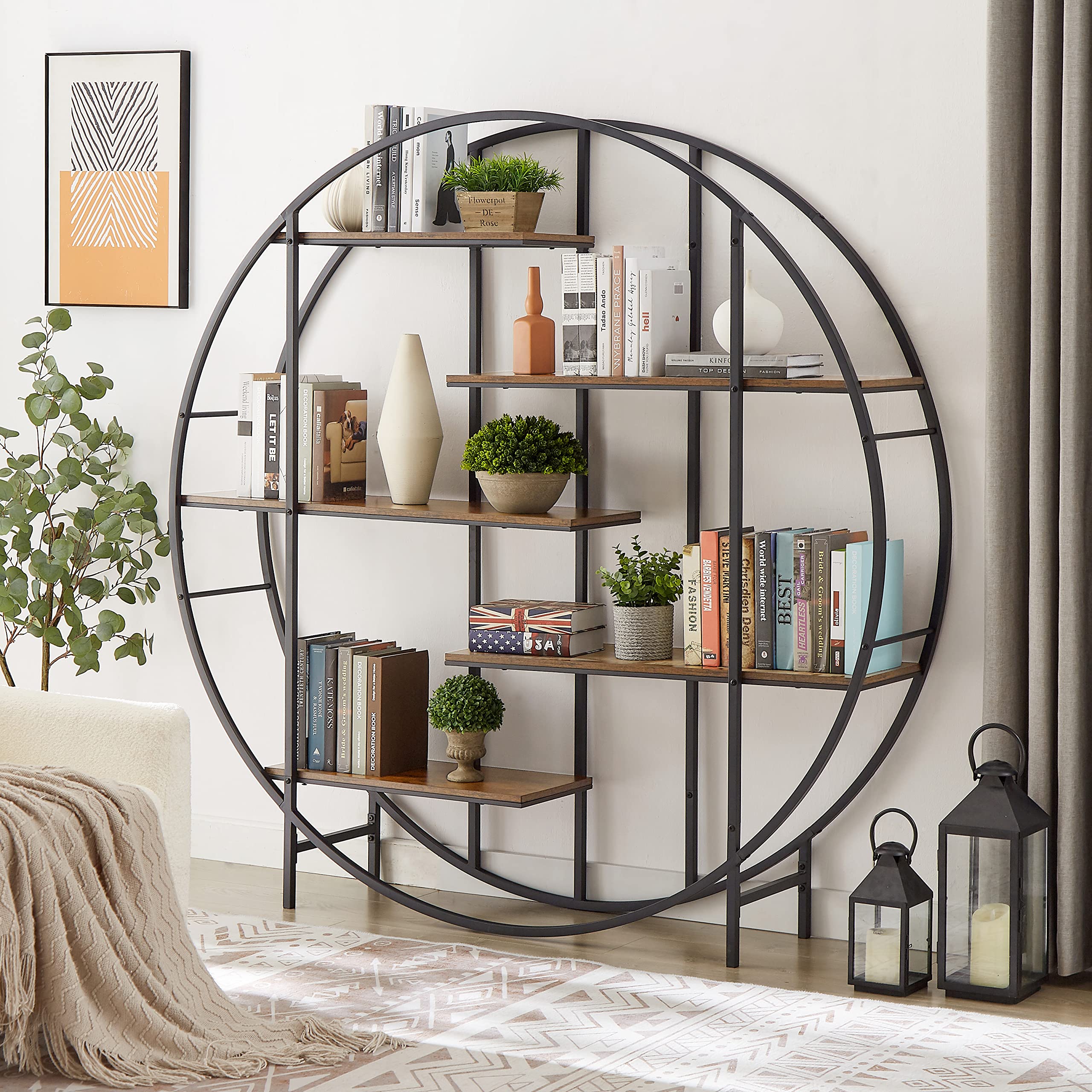 Ufurpie Bookshelf, 5 Tier Round Mid Century Modern Metal Plant Stand Bookshelves Storage Rack, Indoor Living Room Terrace Garden Balcony Plant Display Stand, Bookcase Organizer