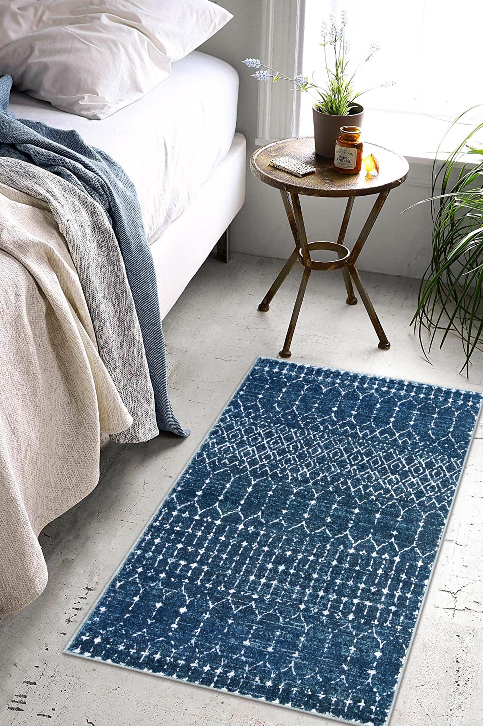 Lahome Moroccan Indoor Rugs for Entryway - 2x3 Area Rug Non-Slip Backing Washable Inside Door Mats Low-Profile Throw Soft Rugs for Bathroom, Geometric Print Distressed Blue Rug for Kitchen Bedside