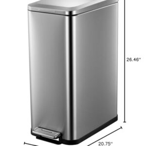 Fashionwu Slim Trash Can, Smudge Resistant Rectangular Garbage Can with Soft-Close Foot Pedal, Brushed Stainless Steel, 50 Liter/13 Gallon