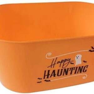 Happy Haunting Orange Oval Bucket with Handle Sentiment Plastic Buckets Handles Gifts Gift Baskets Storage Organizer Containers Party Favor Halloween Holiday Themed Plastic Bucket Decorations