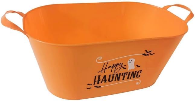 Happy Haunting Orange Oval Bucket with Handle Sentiment Plastic Buckets Handles Gifts Gift Baskets Storage Organizer Containers Party Favor Halloween Holiday Themed Plastic Bucket Decorations