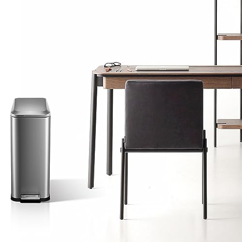 Fashionwu Slim Trash Can, Smudge Resistant Rectangular Garbage Can with Soft-Close Foot Pedal, Brushed Stainless Steel, 50 Liter/13 Gallon