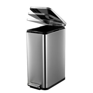 Fashionwu Slim Trash Can, Smudge Resistant Rectangular Garbage Can with Soft-Close Foot Pedal, Brushed Stainless Steel, 50 Liter/13 Gallon