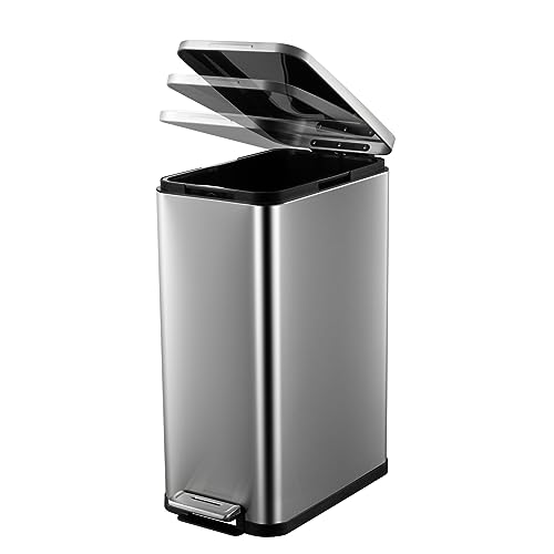 Fashionwu Slim Trash Can, Smudge Resistant Rectangular Garbage Can with Soft-Close Foot Pedal, Brushed Stainless Steel, 50 Liter/13 Gallon