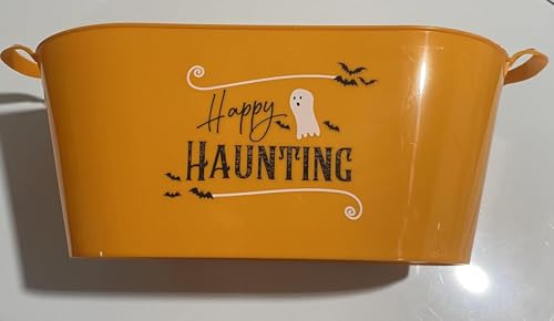 Happy Haunting Orange Oval Bucket with Handle Sentiment Plastic Buckets Handles Gifts Gift Baskets Storage Organizer Containers Party Favor Halloween Holiday Themed Plastic Bucket Decorations