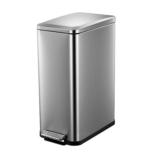 Fashionwu Slim Trash Can, Smudge Resistant Rectangular Garbage Can with Soft-Close Foot Pedal, Brushed Stainless Steel, 50 Liter/13 Gallon