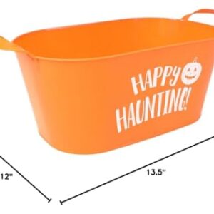 Happy Haunting Orange Oval Bucket with Handle Sentiment Plastic Buckets Handles Gifts Gift Baskets Storage Organizer Containers Party Favor Halloween Holiday Themed Plastic Bucket Decorations