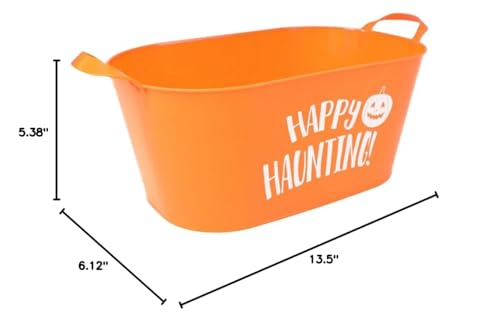 Happy Haunting Orange Oval Bucket with Handle Sentiment Plastic Buckets Handles Gifts Gift Baskets Storage Organizer Containers Party Favor Halloween Holiday Themed Plastic Bucket Decorations