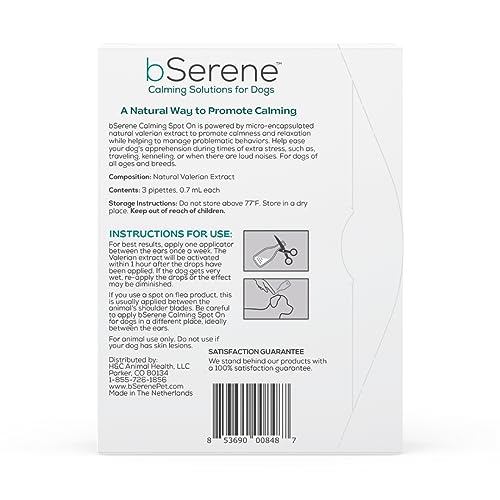 bSerene Valerian Calming Spot On for Dogs 3 Applications Convenient Weekly Topical Promotes Calmness and Relaxation