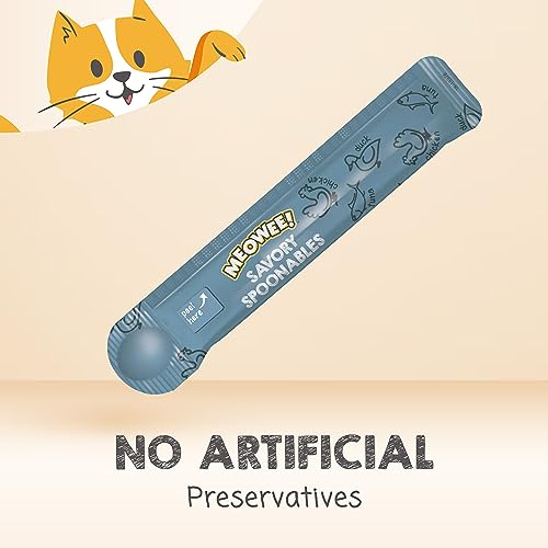 MEOWEE! Savory Spoonables with Real Tuna, Chicken & Duck, 4 Count Tube, Triple Flavor Squeezable Lickable Wet Treats for Cats with Built-in Spoon for Less Mess