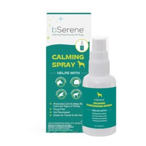 bserene pheromone calming spray for dogs helps reduce excessive barking, destruction, stress, and fear great for vet visits, boarding, and targeted calming, 60ml