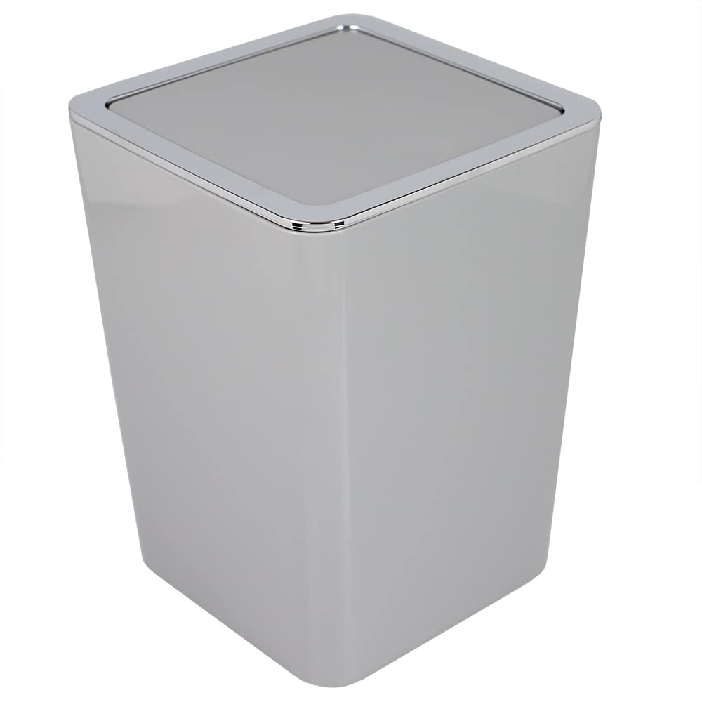 Home Basics Mini Garbage Can with Swing Top Push Lid 3 Liter Square Plastic Trash Bin with Chrome Trim | Ideal for Office, Bathroom, Bedroom, Laundry Room, Grey