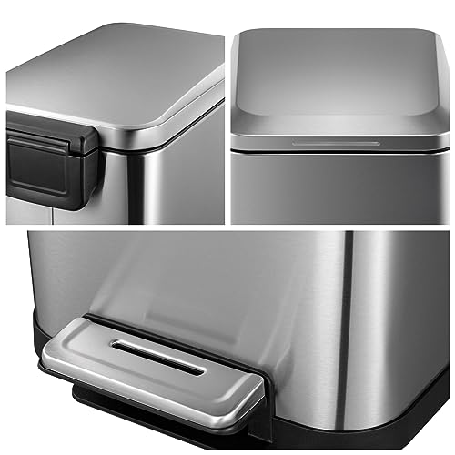 Fashionwu Slim Trash Can, Smudge Resistant Rectangular Garbage Can with Soft-Close Foot Pedal, Brushed Stainless Steel, 50 Liter/13 Gallon