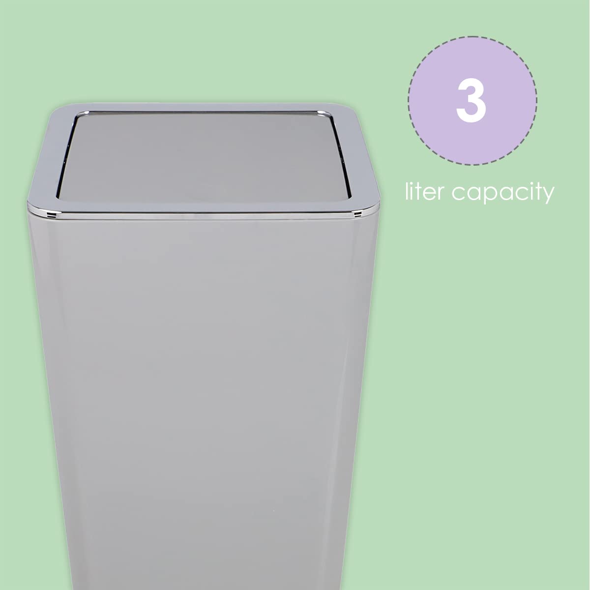 Home Basics Mini Garbage Can with Swing Top Push Lid 3 Liter Square Plastic Trash Bin with Chrome Trim | Ideal for Office, Bathroom, Bedroom, Laundry Room, Grey