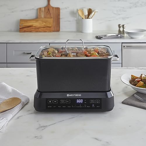 West Bend Versatility Plus Slow Cooker, Large-Capacity Non-Stick Multicooker with Variable Temperature Control, 20 Cooking Functions, 6-Quart, Black