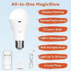 Neporal MagicGlow Rechargeable Light Bulbs with Remote, 3 Colors Shift + Dimmable Battery Powered Light Bulbs, USB Rechargeable, A19 Standard Emergency LED Light Bulbs, 15W, Up to 24 Hours, 2 Pack