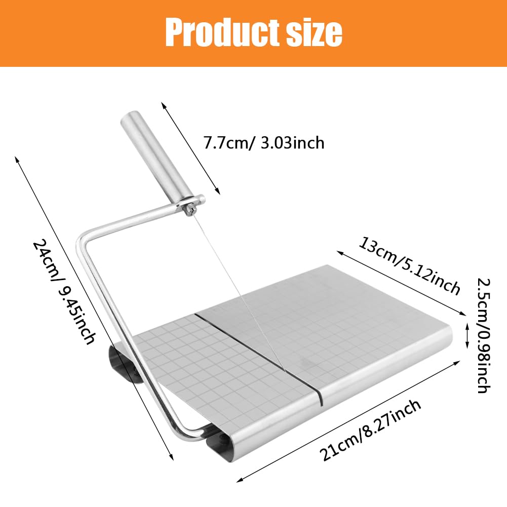 CALIDAKA Cheese Slicers For Block Cheese Wire Cheese Slicer with 5 Replacement Wires Stainless Steel Cheese Slicer Cutter Cheese Slicer Cutting Board Accurate Size Scale Cheese Cutter(silver)