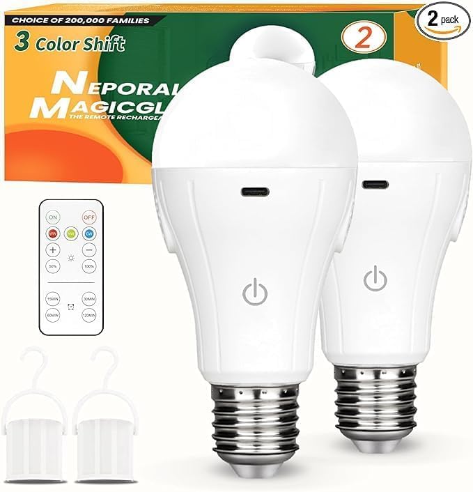 Neporal MagicGlow Rechargeable Light Bulbs with Remote, 3 Colors Shift + Dimmable Battery Powered Light Bulbs, USB Rechargeable, A19 Standard Emergency LED Light Bulbs, 15W, Up to 24 Hours, 2 Pack